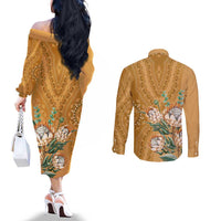 Africa King Proteas Dashiki Motif Couples Matching Off The Shoulder Long Sleeve Dress and Long Sleeve Button Shirt Gold Style