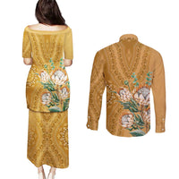 Africa King Proteas Dashiki Motif Couples Matching Puletasi and Long Sleeve Button Shirt Gold Style LT9 - Wonder Print Shop