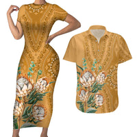 Africa King Proteas Dashiki Motif Couples Matching Short Sleeve Bodycon Dress and Hawaiian Shirt Gold Style LT9 - Wonder Print Shop