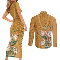 Africa King Proteas Dashiki Motif Couples Matching Short Sleeve Bodycon Dress and Long Sleeve Button Shirt Gold Style LT9 - Wonder Print Shop