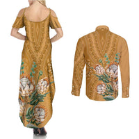 Africa King Proteas Dashiki Motif Couples Matching Summer Maxi Dress and Long Sleeve Button Shirt Gold Style LT9 - Wonder Print Shop