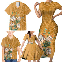 Africa King Proteas Dashiki Motif Family Matching Short Sleeve Bodycon Dress and Hawaiian Shirt Gold Style - Wonder Print Shop
