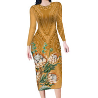 Africa King Proteas Dashiki Motif Long Sleeve Bodycon Dress Gold Style - Wonder Print Shop