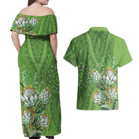 Africa King Proteas Dashiki Motif Couples Matching Off Shoulder Maxi Dress and Hawaiian Shirt Green Style LT9 - Wonder Print Shop
