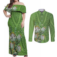 Africa King Proteas Dashiki Motif Couples Matching Off Shoulder Maxi Dress and Long Sleeve Button Shirt Green Style LT9 - Wonder Print Shop