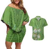 Africa King Proteas Dashiki Motif Couples Matching Off Shoulder Short Dress and Hawaiian Shirt Green Style LT9 - Wonder Print Shop