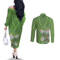 Africa King Proteas Dashiki Motif Couples Matching Off The Shoulder Long Sleeve Dress and Long Sleeve Button Shirt Green Style