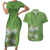 Africa King Proteas Dashiki Motif Couples Matching Short Sleeve Bodycon Dress and Hawaiian Shirt Green Style LT9 - Wonder Print Shop