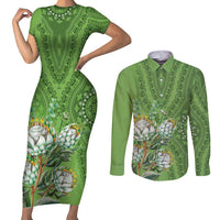 Africa King Proteas Dashiki Motif Couples Matching Short Sleeve Bodycon Dress and Long Sleeve Button Shirt Green Style LT9 - Wonder Print Shop