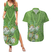 Africa King Proteas Dashiki Motif Couples Matching Summer Maxi Dress and Hawaiian Shirt Green Style LT9 - Wonder Print Shop