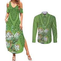 Africa King Proteas Dashiki Motif Couples Matching Summer Maxi Dress and Long Sleeve Button Shirt Green Style LT9 - Wonder Print Shop