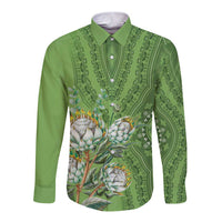 Africa King Proteas Dashiki Motif Long Sleeve Button Shirt Green Style - Wonder Print Shop