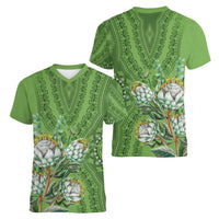 Africa King Proteas Dashiki Motif Women V-Neck T-Shirt Green Style - Wonder Print Shop