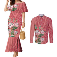 Africa King Proteas Dashiki Motif Couples Matching Mermaid Dress and Long Sleeve Button Shirt Peach Style