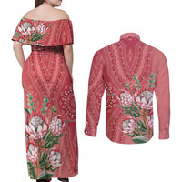 Africa King Proteas Dashiki Motif Couples Matching Off Shoulder Maxi Dress and Long Sleeve Button Shirt Peach Style LT9 - Wonder Print Shop