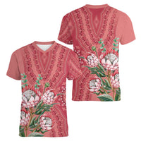 Africa King Proteas Dashiki Motif Women V-Neck T-Shirt Peach Style - Wonder Print Shop