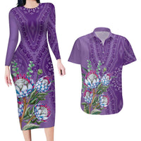 Africa King Proteas Dashiki Motif Couples Matching Long Sleeve Bodycon Dress and Hawaiian Shirt Violet Style LT9 - Wonder Print Shop