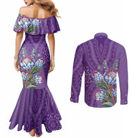 Africa King Proteas Dashiki Motif Couples Matching Mermaid Dress and Long Sleeve Button Shirt Violet Style