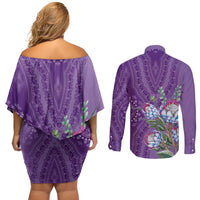 Africa King Proteas Dashiki Motif Couples Matching Off Shoulder Short Dress and Long Sleeve Button Shirt Violet Style LT9 - Wonder Print Shop