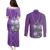 Africa King Proteas Dashiki Motif Couples Matching Puletasi and Long Sleeve Button Shirt Violet Style LT9 - Wonder Print Shop