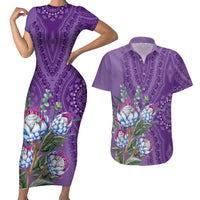 Africa King Proteas Dashiki Motif Couples Matching Short Sleeve Bodycon Dress and Hawaiian Shirt Violet Style LT9 - Wonder Print Shop