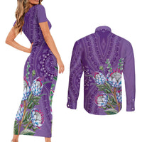 Africa King Proteas Dashiki Motif Couples Matching Short Sleeve Bodycon Dress and Long Sleeve Button Shirt Violet Style LT9 - Wonder Print Shop