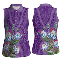 Africa King Proteas Dashiki Motif Women Sleeveless Polo Shirt Violet Style - Wonder Print Shop