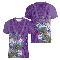 Africa King Proteas Dashiki Motif Women V-Neck T-Shirt Violet Style - Wonder Print Shop