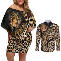 Africa Leopard Skin Pattern Couples Matching Off Shoulder Short Dress and Long Sleeve Button Shirt Version 01 LT9 - Wonder Print Shop