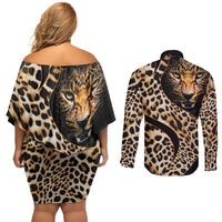 Africa Leopard Skin Pattern Couples Matching Off Shoulder Short Dress and Long Sleeve Button Shirt Version 01 LT9 - Wonder Print Shop