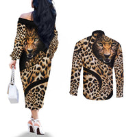 Africa Leopard Skin Pattern Couples Matching Off The Shoulder Long Sleeve Dress and Long Sleeve Button Shirt Version 01