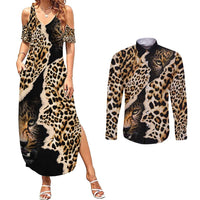 Africa Leopard Skin Pattern Couples Matching Summer Maxi Dress and Long Sleeve Button Shirt Version 02 LT9 - Wonder Print Shop