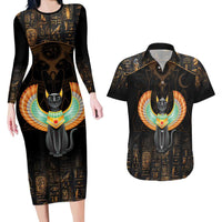 Winged Egypt Cats Couples Matching Long Sleeve Bodycon Dress and Hawaiian Shirt Ancient Egypt Culture LT9 - Wonder Print Shop