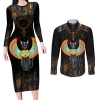 Winged Egypt Cats Couples Matching Long Sleeve Bodycon Dress and Long Sleeve Button Shirt Ancient Egypt Culture LT9 - Wonder Print Shop
