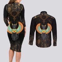 Winged Egypt Cats Couples Matching Long Sleeve Bodycon Dress and Long Sleeve Button Shirt Ancient Egypt Culture LT9 - Wonder Print Shop