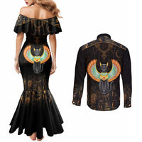 Winged Egypt Cats Couples Matching Mermaid Dress and Long Sleeve Button Shirt Ancient Egypt Culture