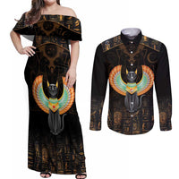 Winged Egypt Cats Couples Matching Off Shoulder Maxi Dress and Long Sleeve Button Shirt Ancient Egypt Culture LT9 - Wonder Print Shop