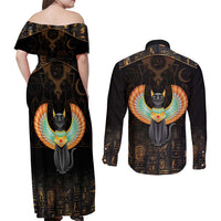 Winged Egypt Cats Couples Matching Off Shoulder Maxi Dress and Long Sleeve Button Shirt Ancient Egypt Culture LT9 - Wonder Print Shop