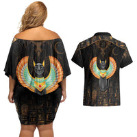 Winged Egypt Cats Couples Matching Off Shoulder Short Dress and Hawaiian Shirt Ancient Egypt Culture LT9 - Wonder Print Shop