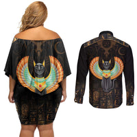 Winged Egypt Cats Couples Matching Off Shoulder Short Dress and Long Sleeve Button Shirt Ancient Egypt Culture LT9 - Wonder Print Shop