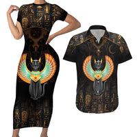 Winged Egypt Cats Couples Matching Short Sleeve Bodycon Dress and Hawaiian Shirt Ancient Egypt Culture LT9 - Wonder Print Shop