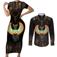 Winged Egypt Cats Couples Matching Short Sleeve Bodycon Dress and Long Sleeve Button Shirt Ancient Egypt Culture LT9 - Wonder Print Shop