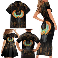Winged Egypt Cats Family Matching Short Sleeve Bodycon Dress and Hawaiian Shirt Ancient Egypt Culture - Wonder Print Shop