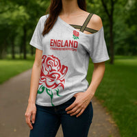 Custom Women Rugby England Cross Shoulder Shirt Red Roses Energy Never Stops - Wonder Print Shop