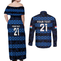 Luxembourg Football Custom Couples Matching Off Shoulder Maxi Dress and Long Sleeve Button Shirt The Red Lions Tribal Pattern LT9 - Wonder Print Shop