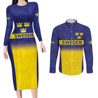 Sweden Rugby Custom Couples Matching Long Sleeve Bodycon Dress and Long Sleeve Button Shirt Three Crowns of Sweden Blue Pattern LT9 - Wonder Print Shop