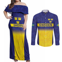 Sweden Rugby Custom Couples Matching Off Shoulder Maxi Dress and Long Sleeve Button Shirt Three Crowns of Sweden Blue Pattern LT9 - Wonder Print Shop