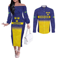 Sweden Rugby Custom Couples Matching Off The Shoulder Long Sleeve Dress and Long Sleeve Button Shirt Three Crowns of Sweden Blue Pattern
