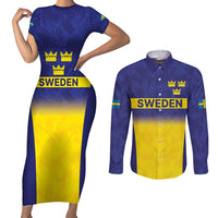 Sweden Rugby Custom Couples Matching Short Sleeve Bodycon Dress and Long Sleeve Button Shirt Three Crowns of Sweden Blue Pattern LT9 - Wonder Print Shop
