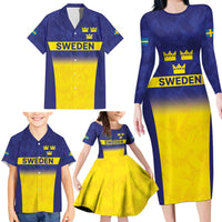 Sweden Rugby Custom Family Matching Long Sleeve Bodycon Dress and Hawaiian Shirt Three Crowns of Sweden Blue Pattern LT9 - Wonder Print Shop